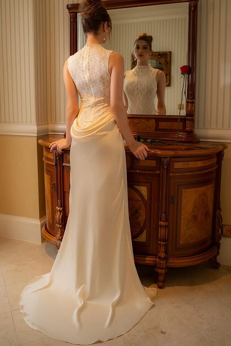 High Neck Sleeveless Mermaid Evening Dress With Lace Embroidery