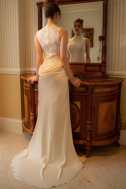 High Neck Sleeveless Mermaid Evening Dress With Lace Embroidery
