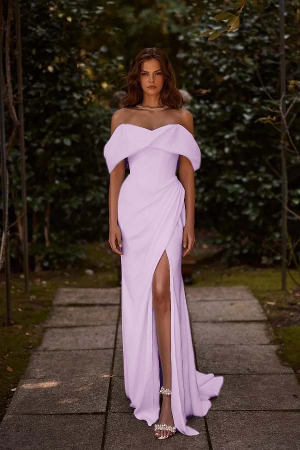 White Off-the-Shoulder Long Prom Dress Split with hand sleeve