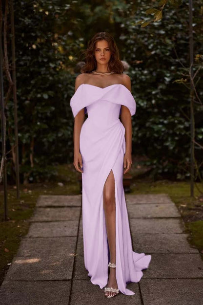 White Off-the-Shoulder Long Prom Dress Split with hand sleeve