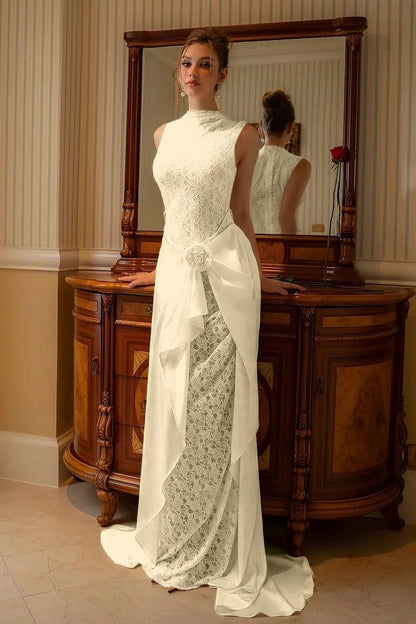 High Neck Sleeveless Mermaid Evening Dress With Lace Embroidery