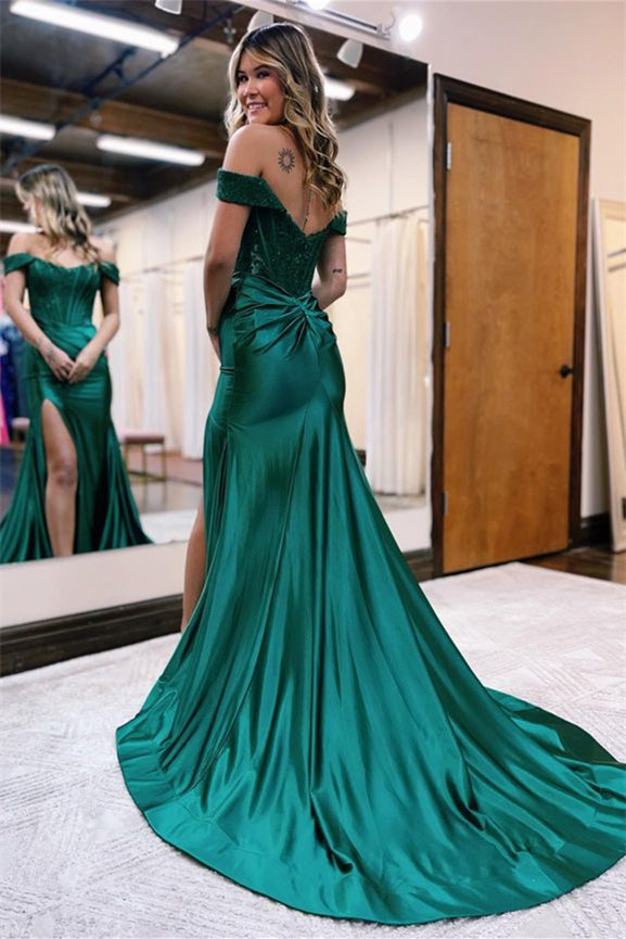 Green Off-The-Shoulder Mermaid Evening Dress With Split Online Prom