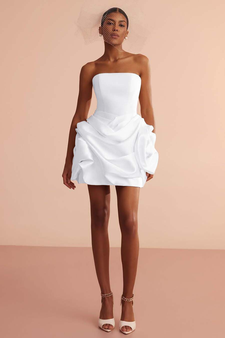 Exquiste Cream Satin Strapless Sleeveless Short Prom Dress with Pleated