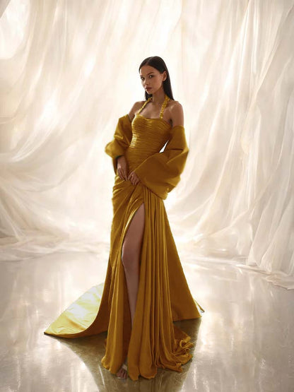 Charming Dark Green Halter Straps Pleated Split Evening Dress With Shawl
