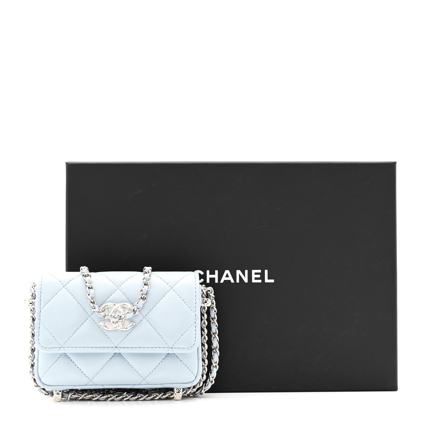Lambskin Quilted Chain Around Coin Purse With Chain Light Blue