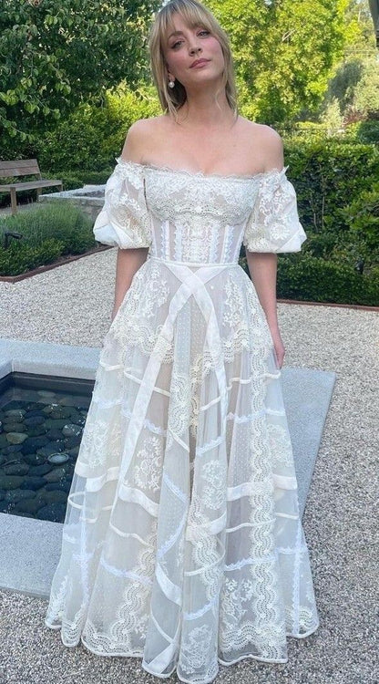 Pretty White A Line Puff Lace Tulle Wedding Dress Party Dress Evening Dress SH3603