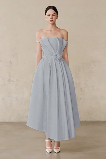Ivory Off-the-Shoulder A-Line Evening Dress With Pleated