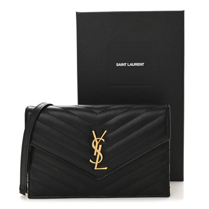 Grain De Poudre Matelasse Chevron Monogram Envelope Chain Wallet Black