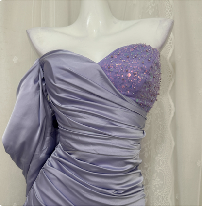 Charming Light Purple Mermaid Sweetheart Neck Pearl Sequin Satin Long Prom Dress Evening Dress P4678