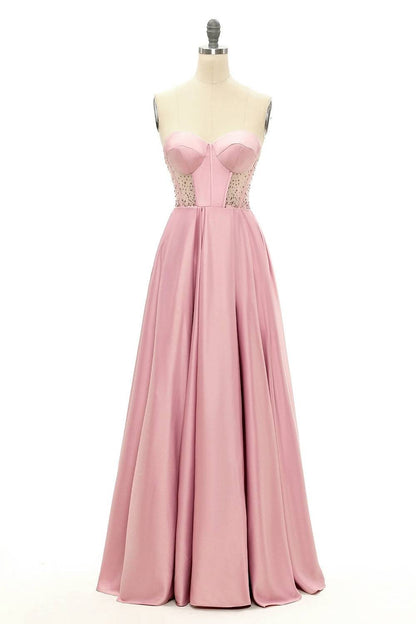 Sweetheart Strapless A-Line Sheer Empire Satin Prom Party Dress