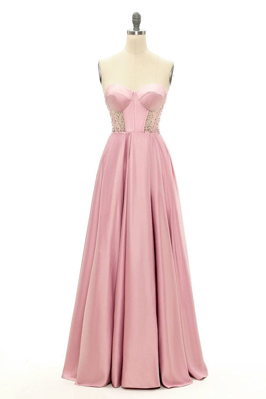 Sweetheart Strapless A-Line Sheer Empire Satin Prom Party Dress