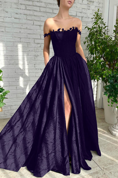 Black A Line Off-The-Shoulder Evening Dress Sleeveless Lace Side Split