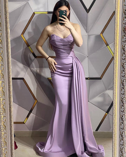 Purple Sleeveless Strapless V-Neck Mermaid Pleated Prom Dress