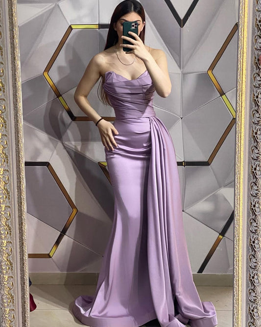 Purple Sleeveless Strapless V-Neck Mermaid Pleated Prom Dress