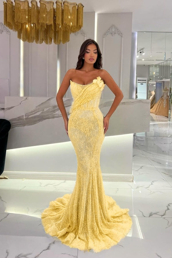 Gorgeous Strapless Sequins Mermaid Prom Dress With 3D-Blumen