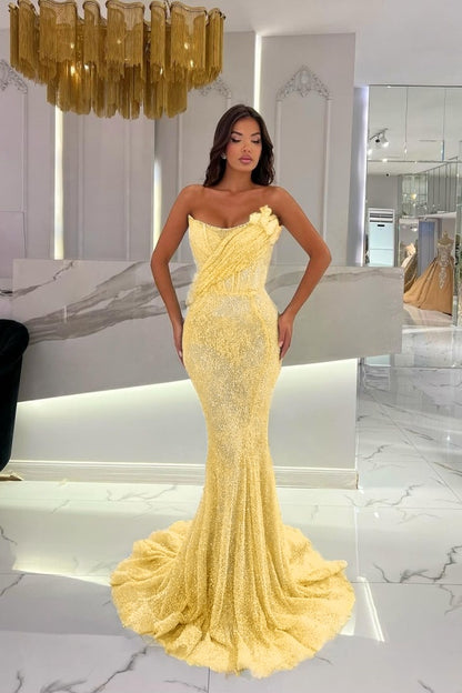 Gorgeous Strapless Sequins Mermaid Prom Dress With 3D-Blumen