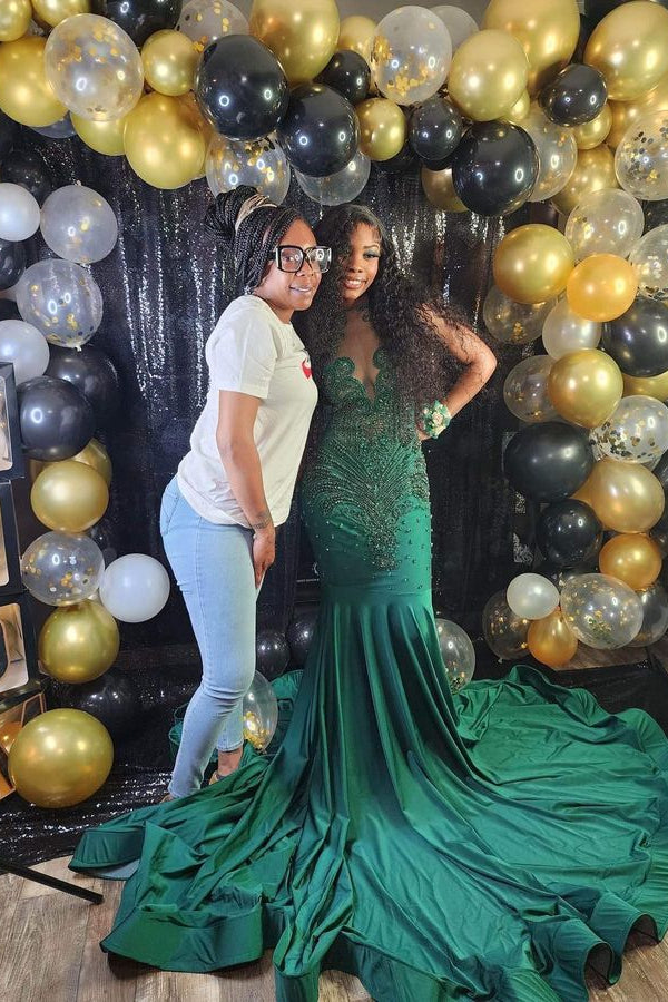 Mermaid Dark Green Sequins Prom Dress Beaded With Appliques