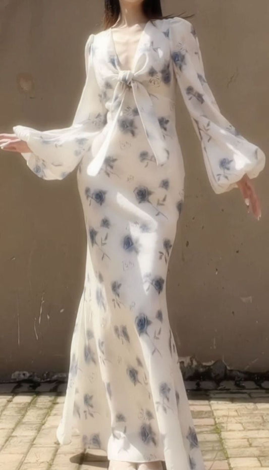 Elegant Mermaid Long Sleeve Blue Floral Chiffon Prom Dress Party Dress Outfits SH4075
