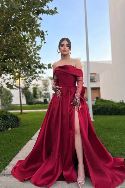 Burgundy Off-the-Shoulder A-Line Prom Dress Long Slit with Beaded Gloves
