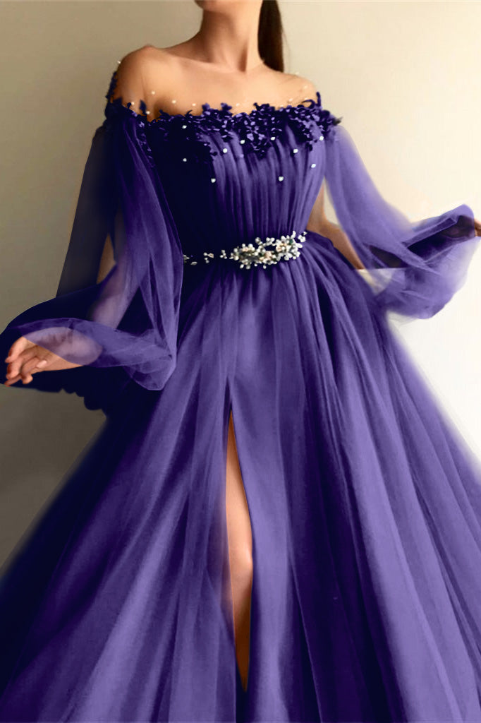 Chic Off-the-Shoulder Long Sleeves Elegant Evening Dresses With Beads