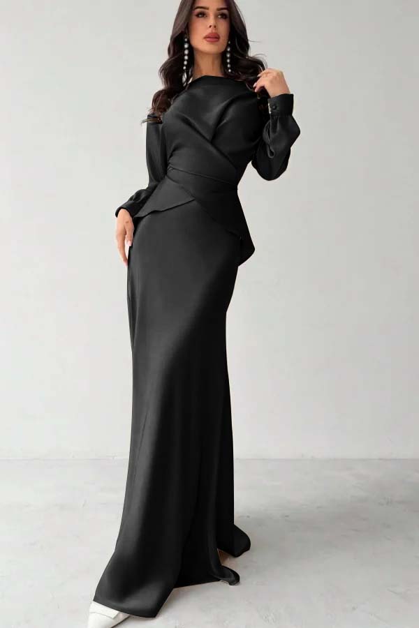 Glamorous Champagne Satin Long Sleeves Jewel Neck Slim Prom Dress