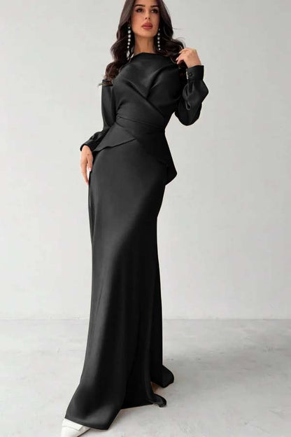 Glamorous Champagne Satin Long Sleeves Jewel Neck Slim Prom Dress