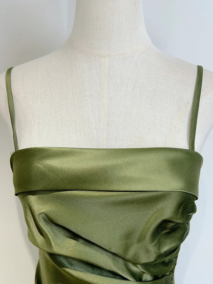 Elegant Olive Green Mermaid Ruffle Spaghetti Strap Satin Prom Dress Evening Dress P4068
