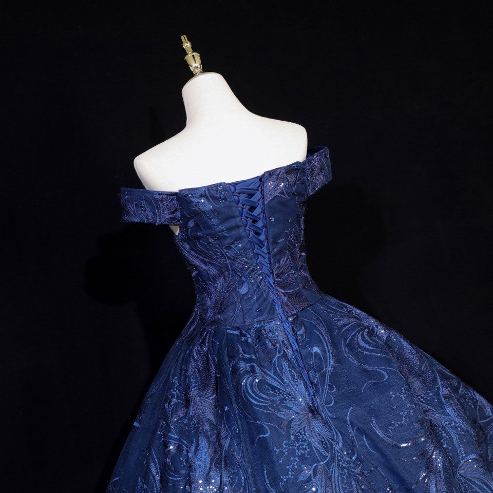 Vintage Navy Blue  Off-the-Shoulder Beaded Embroidered Tulle Prom Dress Evening Dress P4680