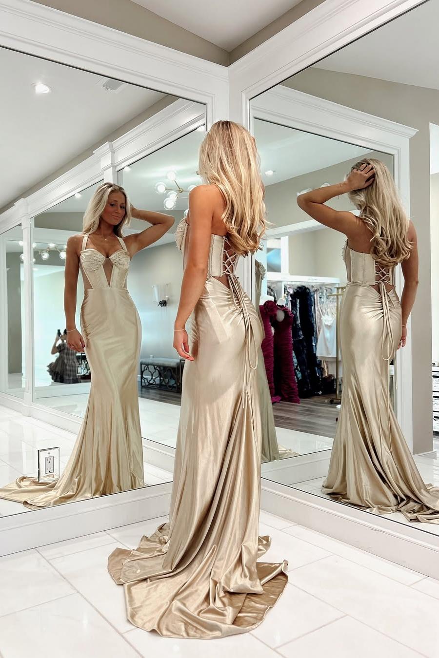 Shinning Gold Satin Sleeveless Halter  Long Pleated Prom Dress with Beadings