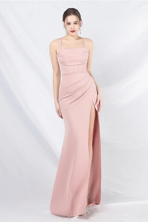 Pink Sleeveless Spaghetti Straps Square Mermaid Prom Dress