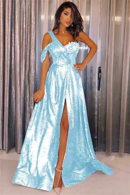Dark Navy Sequins Glamorous One Shoulder Prom Dress