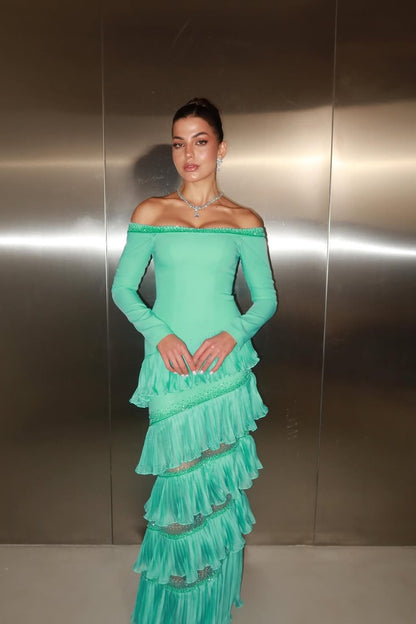 Charming Long Sleeves Sweetheart Sequins Evening Dress With Ruffles
