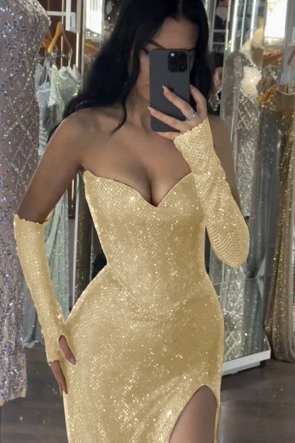 Burgundy Sleeveless Strapless Sequins Mermaid Prom Dress With Gloves