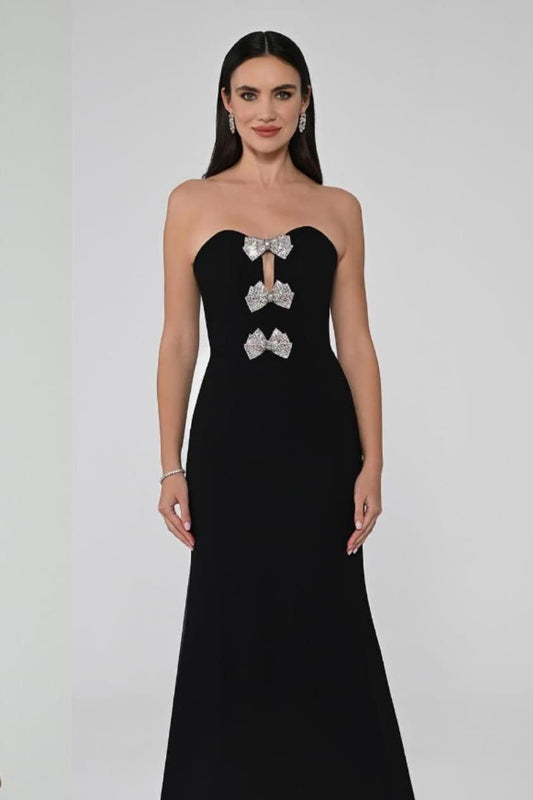 Glamorous Black Satin Sleeveless Strapless Long Prom Dress with Rhinestone