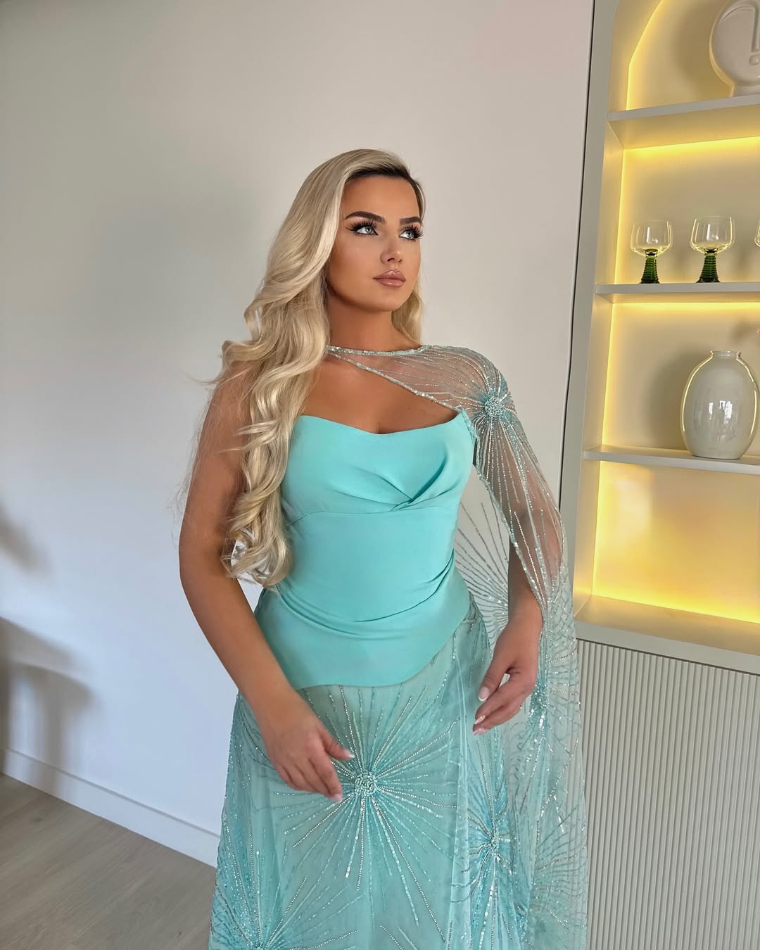 Elegant Mint Green Strapless Sequins Sleeveless Prom Dress with Shawl