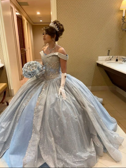 Blue Ball Gown Off the Shoulder Beaded Sequin Sweet 16 Dress Quinceanera Dress SH3293