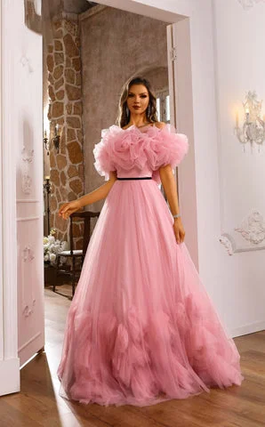 Romantic Pink Flower Off-the-shoulder Layered Couture Evening Dress