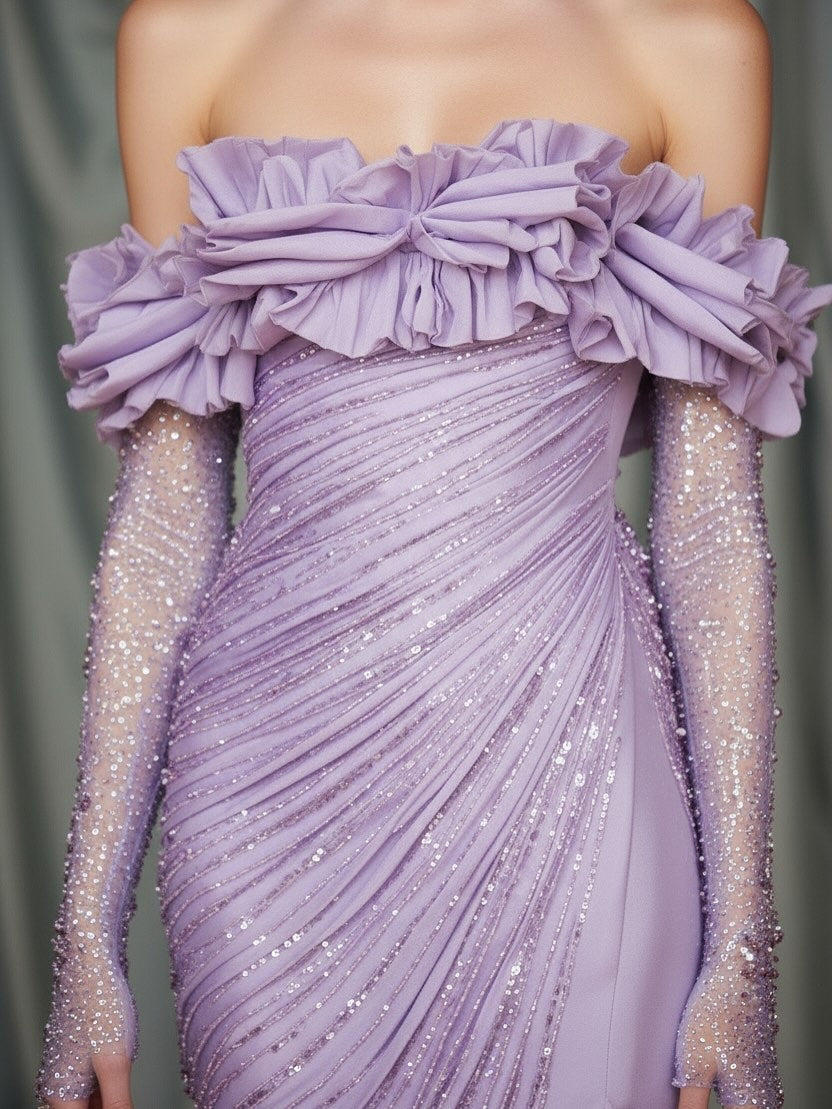Long Sleeves Strapless Mermaid Slit Prom Dress With Sequins