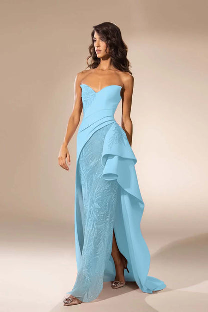 Sleeveless Strapless V Neck Embroidery Long Prom Dress With Slit