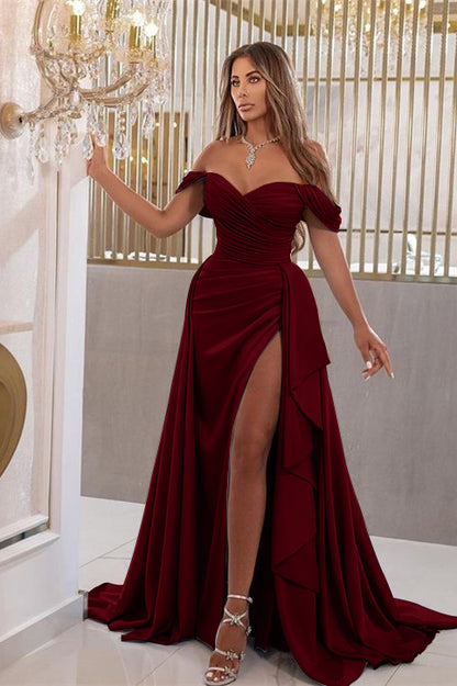 Sky Blue Split Elegant Mermaid Sweetheart Prom Dress With Off-The-Shoulder