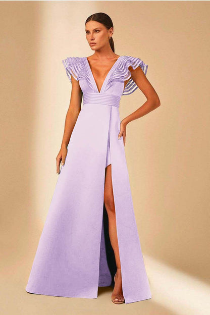 Charming Satin Spaghetti Strap Sleeveless V Neck Long Prom Dress with Split
