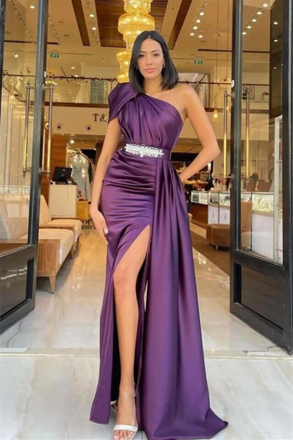 Mermaid Long Ruffles Prom Dress With Belt Online One Shoulder Dark Purple