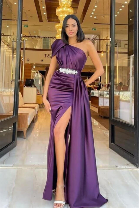 Mermaid Long Ruffles Prom Dress With Belt Online One Shoulder Dark Purple