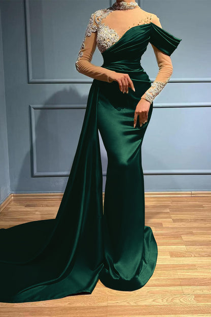 High Neck Long Sleeves Appliques Evening Dress Long With Ruffles Mermaid