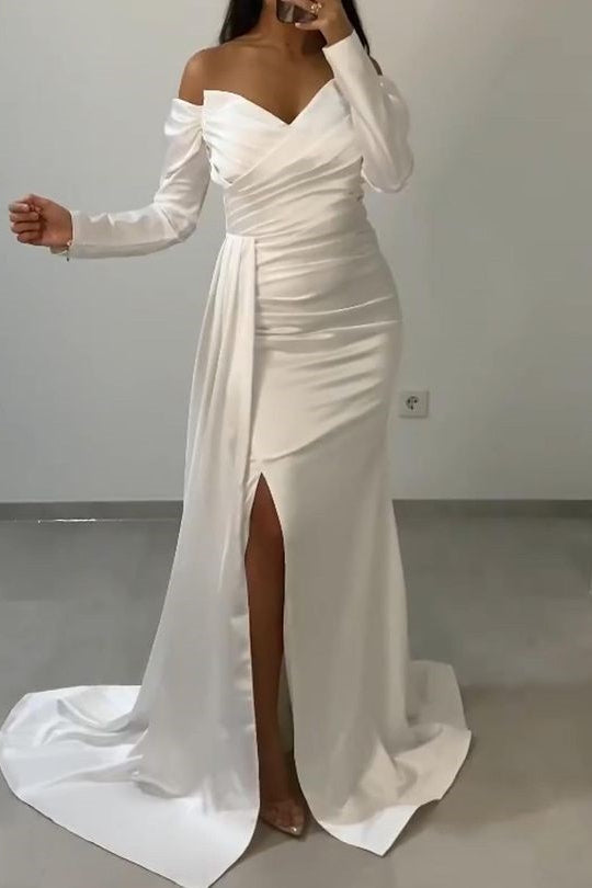 Sweetheart Long Sleeves Front Split Off-The-Shoulder Mermaid Evening Dress With Ruffle