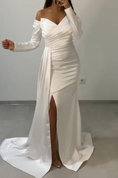 Sweetheart Long Sleeves Front Split Off-The-Shoulder Mermaid Evening Dress With Ruffle