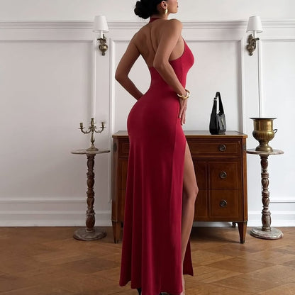 Stunning Red Satin Halter Sleeveless Floral V Neck Prom Dress with Split