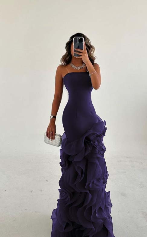 Amazing Dusty Blue Satin Sleeveless Strapless Long Prom Dress with Ruffles