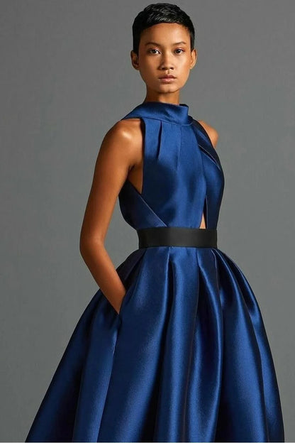 Exquisite Royal Blue Satin Halter Strapless Sleeveless A Line Prom Dress with Pleated