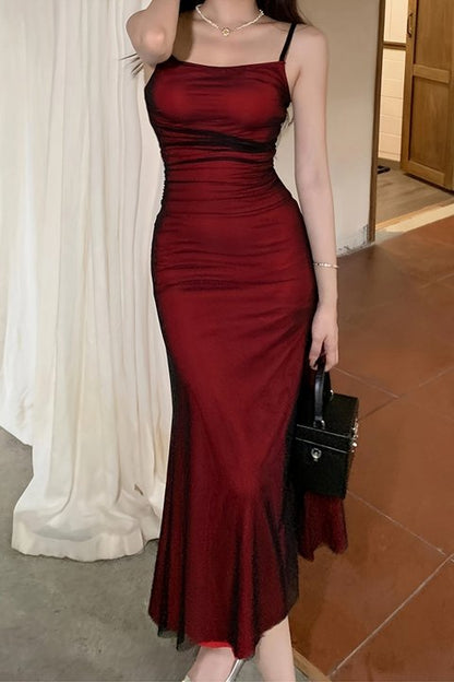 Sexy Red Sleeveless spaghetti straps Chiffon Prom Dress